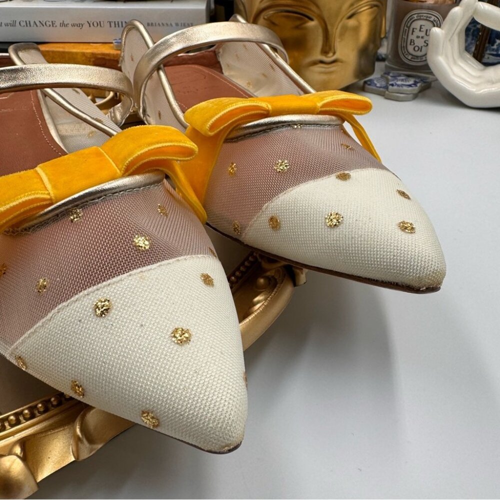 🆕 MALONE SOULIERS 🧿 BNWOB White Mesh Mules with Yellow Velvet Bow Size 39 - 9 - Picture 4 of 15